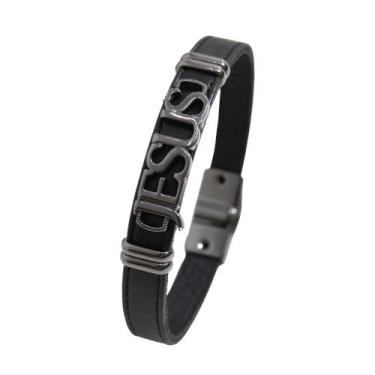Imagem de Pulseira de Couro Magnética Jesus Slim C/Passador Fé Preta - GRANADO A