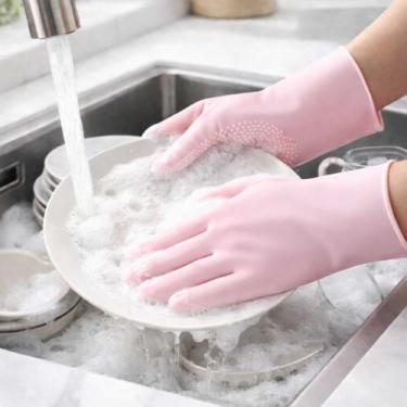 Imagem de Par de Luvas De Silicone Com Cerdas Esponja Lavar Louça E Limpeza Rosa