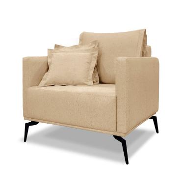 Imagem de Poltrona Decorativa Elba para Sala de Estar Linho Confortável Dourado com Pés em Aço Lo...
