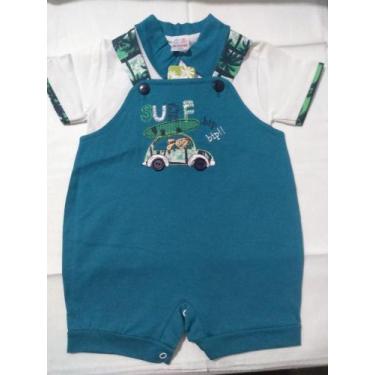 Imagem de Macacão-jardineira infantil menino verde. Acompanha camiseta manga cur