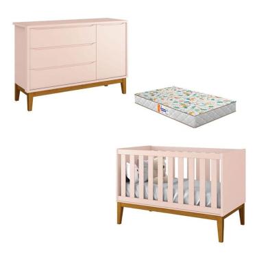 Imagem de Berço Americano e Cômoda New Classic Rosa com Pés Madeira e Colchão Gazin - Reller 