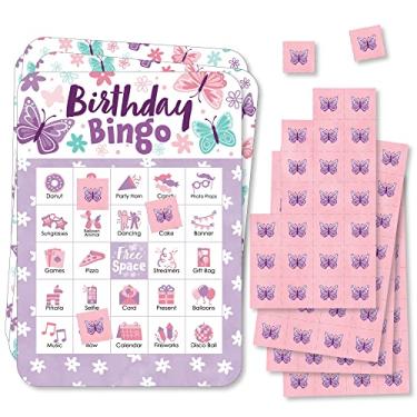 Imagem de Big Dot of Happiness Linda borboleta – Cartões e marcadores de bingo – Jogo de bingo em forma de festa de aniversário floral – Conjunto de 18