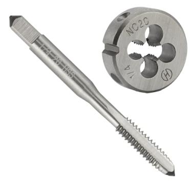 Imagem de Aceteel Conjunto de torneira e matriz UNC HSS de 1/4 "-20, 1/4 x 20 UNC rosca de máquina e rosca redonda morrem à direita