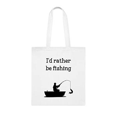 Imagem de Sacola de pesca, I'd Rather Be Fishing Tote Bag, presente de pesca, bolsa de ombro de pesca, bolsas reutilizáveis de pesca, ideia de presente de cesta de Natal de aniversário, Branco