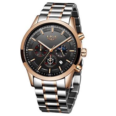 Imagem de Relógios masculinos de aço inoxidável esportivo analógico de quartzo relógio masculino de luxo marca LIGE à prova d'água data negócios relógio de pulso homem relógio preto, gold black, 8.07