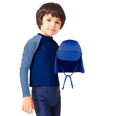 Imagem de Conjunto Praia Camiseta Blusa Infantil Proteção Solar UV 50+ Bone c/Abas protege Cabeça Pescoço Criança Bebe ((6-7 anos), Azul c/azul claro + Boné UV)