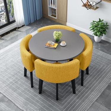 Imagem de Mesa de jantar de negócios, combinação de mesas e cadeiras de recepção de negociação redonda, cafeteria Mesa de lazer estilo retrô cadeira de tecido de linho de algodão Pernas de metal Escri