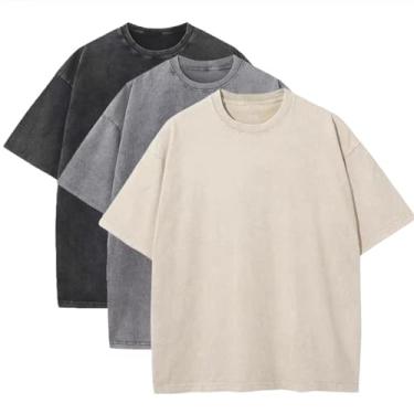 Imagem de Pacote com 3 camisetas masculinas grandes de algodão pesado camiseta vintage ajuste solto manga curta camisas casuais para homens.., Preto + Cinza + Bege, P