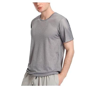 Imagem de Camiseta masculina atlética manga curta malha oca lisa secagem rápida camiseta de treino suave, Cinza, 4G