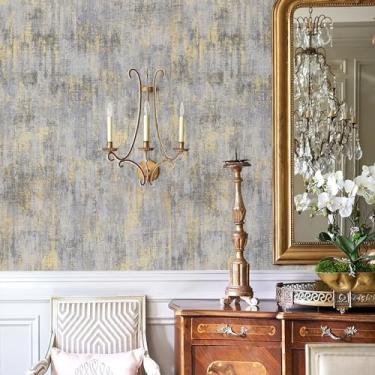 Imagem de Papel de parede texturizado vintage 43,9 cm x 599,4 cm envelhecido metálico cinza/branco/dourado papel de parede concreto metálico vintage moderno não tecido (não colado) estilo industrial precisa de