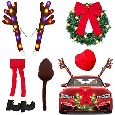 Imagem de Yixin Kit de chifres de rena de carro com 6 peças de enfeite de Natal com luzes LED para pendurar pernas de Papai Noel e guirlanda de Natal acessórios automotivos decorações de carro de Natal (vermelho-6 peças)