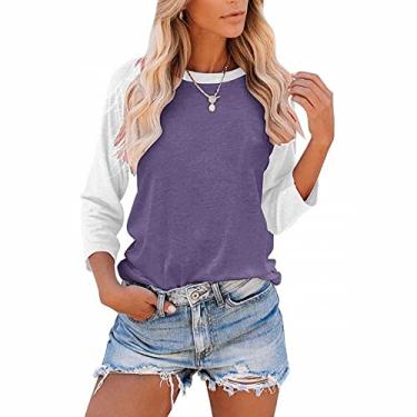 Imagem de Camisetas femininas casuais de manga 3/4 de comprimento leve, com blocos de cores, blusas confortáveis, Ofertas relâmpago roxo, GG