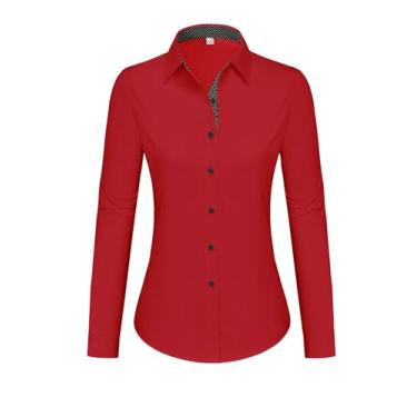 Imagem de siliteelon Camisas femininas com botões de algodão e manga comprida para mulheres, sem rugas, blusa de trabalho elástica, Vermelho, XXG