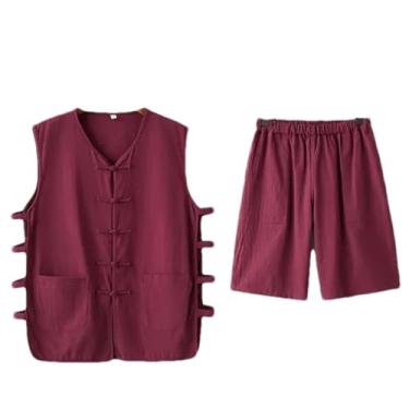 Imagem de Verão fino algodão linho meia-idade estilo chinês colete shorts conjunto sem mangas camisa retrô roupas masculinas, Colete vermelho vinho, XXG