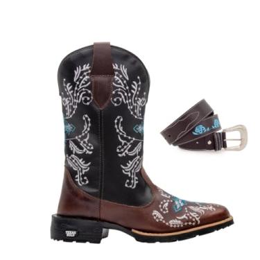 Imagem de Kit Bota Texana Feminina Couro Country Bico Quadrado Café Azul com Cinto 10000 Tamanho:36;Cor:Marrom;Gênero:Feminino