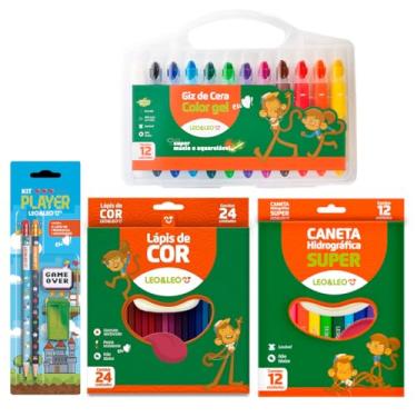 Imagem de Giz de Cera Gel + Lápis de Cor 24 Cores + Canetinha 12 Cores + Kit Temático - Leo e Leo (Gamer)