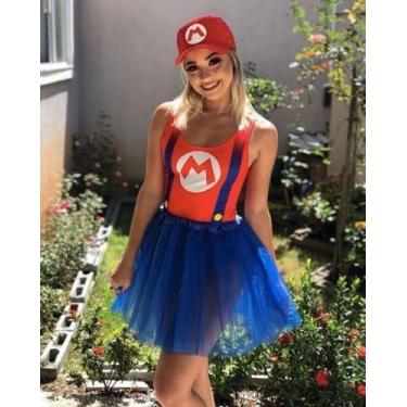 Imagem de Fantasia Feminina Mario bros body Mario e Saia de tule Azul linda - Em
