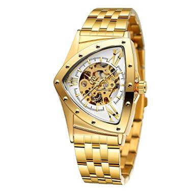 Imagem de FORSINING Relógio masculino 30M à prova d'água esqueleto oco automático retrô triângulo relógio de pulso, Dourado, branco, Retrô