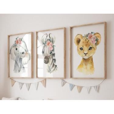 Imagem de Kit 3 Quadros Decorativos Infantil Moldura Animais Flores Quarto Menin