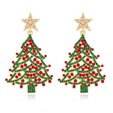 Imagem de YUJIE Brincos de Natal femininos de floco de neve, árvores de Natal douradas, com strass, pérola, brilhante, colorido, lâmpada, brincos, bijuterias de fantasia de Natal, Latão, Sem pedra preciosa