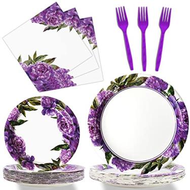 Imagem de Conjunto de pratos e guardanapos de festa de primavera com 96 peças de flores de verão - Peônia descartável de papel talheres florais decorações de louça lembrancinhas para festa de aniversário com