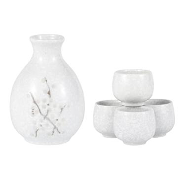 Imagem de Hinomaru Collection Conjunto de saquê japonês Tokkuri com design de flor de ameixa Ume Garrafa de 266 ml com quatro copos de saquê Ochoko 44 ml Jarra de servir de saquê frio quente (neve branca)