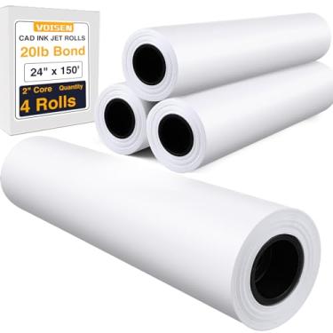 Imagem de VOISEN Papel de formato amplo, 4 rolos de papel plotter 61 cm x 30 m, rolos de ligação CAD, 9 kg, papel de ligação em núcleo de 5 cm para impressão CAD em impressoras jato de tinta de grande formato