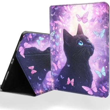Imagem de DSRGRGFDJ Capa de tablet para iPad 10ª geração de 10,9 polegadas com função magnética automática despertar/hibernar e suporte ajustável em vários ângulos – gato preto roxo borboleta