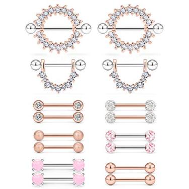 Imagem de Yaalozei 8 pares de piercings para mamilo de aço inoxidável de 16 g Piercing de língua Piercing Body Jewelry Barra brilhante CZ redondo Anéis para mulheres meninas