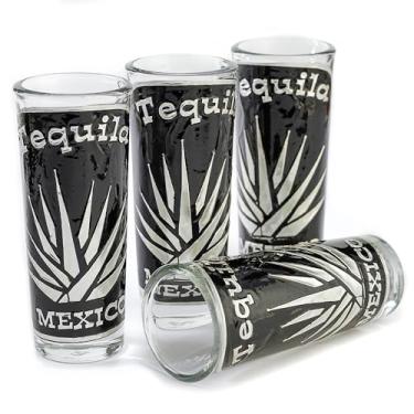 Imagem de MEXTEQUIL Conjunto de copos mexicanos feitos à mão (4 peças) com placa de alumínio Repousse (Agave)