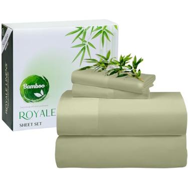 Imagem de Jogo de lençol Queen Royale Linen Bamboo Viscose – Jogo de cama refrescante – 1 lençol de cima e 2 fronhas – cabe até 16 – Viscose orgânica derivada de bambu – Lençol de cama e fronha (Queen, verde