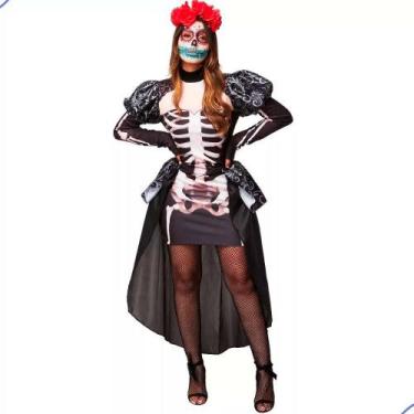 Imagem de Fantasia Halloween Feminina Rainha Caveira Mexicana de Luxo P 34 - 36 