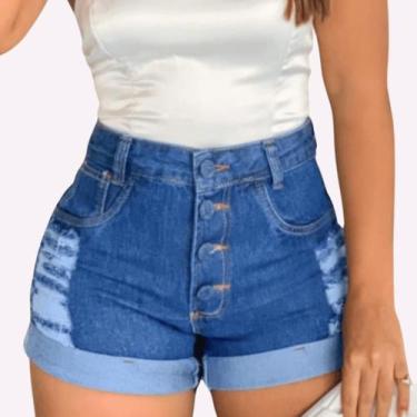 Imagem de Short Jeans Feminino Sem Lycra Fecho de Botão Cós Alto Barra Dobrada M