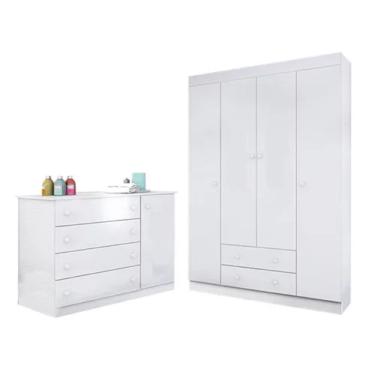 Imagem de Guarda Roupa Roupeiro 4 Portas + Cômoda Sapateira Julie mdp Branco