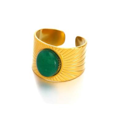 Imagem de CHAKRA HEALING REIKI CHR Anel de banda larga para mulheres, anel de abertura ajustável banhado a ouro de aço inoxidável grosso turquesa/olho de tigre listrado joia, Aço inoxidável Aço inoxidável