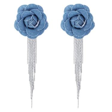 Imagem de TUCEWP Brincos de flor jeans para mulheres, brincos longos de borla, brincos grandes com pingente boêmio, corrente de prata, brinco de franja azul marinho, brinco de pendurar na moda, presente de