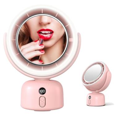 Imagem de Ventilador de mesa recarregável, ventilador portátil com espelho de maquiagem LED espelho de vaidade de LED 5 velocidades de resfriamento ultra-silencioso | Espelho de vaidade LED de escurecimento com