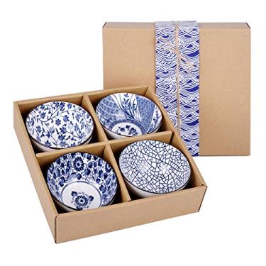 Imagem de VanEnjoy Conjunto de 4 tigelas de arroz de cerâmica estilo japonês com caixa de presente, conjunto de tigelas de padrão azul e branco, louça sob vidrado, para sobremesa, lanche, cereal, sopa, tigela