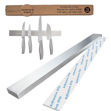 Imagem de Hamletoff Tira de faca magnética premium para parede sem perfuração – Suporte magnético de aço inoxidável de 40,6 cm com fita adesiva forte de ímã de neodímio - Barra de faca leve com ímã de cozinha
