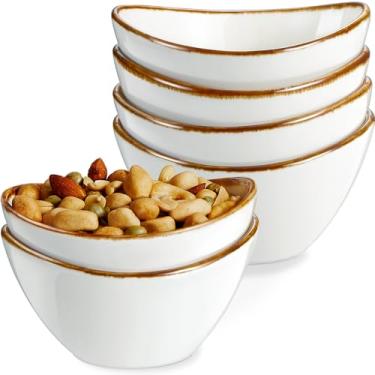 Imagem de ONEMORE Tigelas pequenas de lanche, tigelas de sorvete de cerâmica de 227 g, conjunto de 6 tigelas ovais pequenas para servir no micro-ondas com borda marrom para tábua de charcutaria, sobremesa