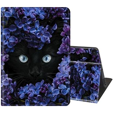 Imagem de Capa fina para Samsung Galaxy Tab A7 Lite 2021 com suporte ajustável com capa inteligente despertar/hibernar automática para Samsung Tab A7 Lite 22.1 cm (SM-T220/T225/T227) - Flor e gato preto