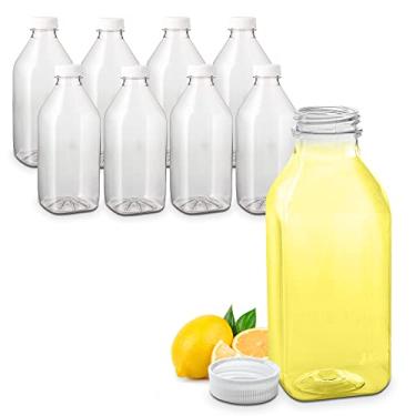 Imagem de MT Products 32 oz/1 litro garrafas de suco de plástico PET transparente vazio com tampas antiadulteráveis da AM Bottle Supply - Conjunto de 8 garrafas e 8 cápsulas