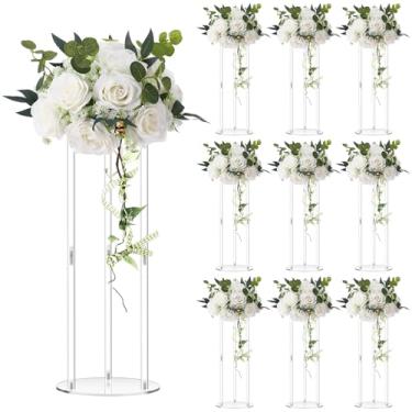 Imagem de Teenyyou Vaso de acrílico com 10 peças de 50 cm de altura, centro de mesa transparente e elegante, com flores artificiais de hortênsia para decoração de casa de mesa de festa de casamento