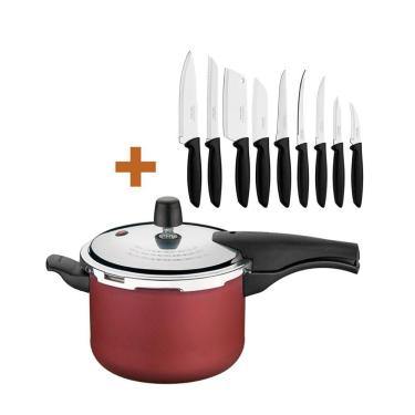 Imagem de Kit - Panela De Pressão 4,5 Vancouver Vermelha + 1 Conjunto Facas 9pç - Tramontina