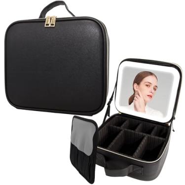Imagem de VNIMTI Bolsa de maquiagem de viagem com espelho, organizador de maquiagem com espelho, bolsa de cosméticos portátil porta-joias, 25,4 cm - Preto, Clássico