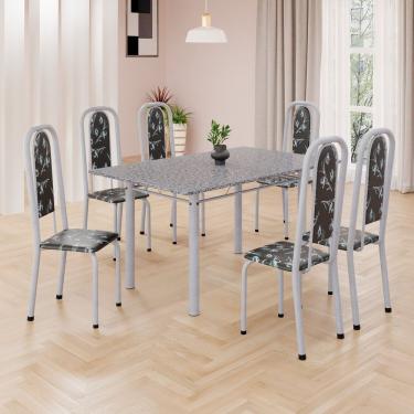 Imagem de Conjunto De Mesa Retangular 140x75cm Tampo Granito Ocre 6 Cadeiras Lavínea Preto Floral Mart Pérola