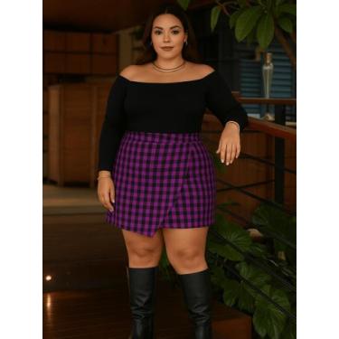 Imagem de Saia Envelope Curta Transpassada Xadrez Plus Size De Amarrar Crepe Cin