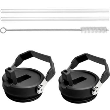 Imagem de Pacote com 2 tampas de copo de substituição compatíveis com Stanley IceFlow 590 ml (apenas tampa de canudo), 2 canudos reutilizáveis, 1 escova de limpeza (preto)