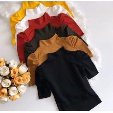 Imagem de Blusa feminina canelada gola alta manga curta bufante  - propria