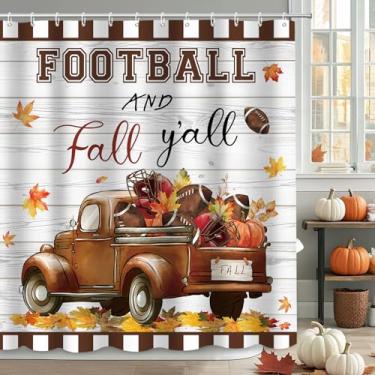 Imagem de MEHOFOMD Cortina de chuveiro de outono de Ação de Graças, outono futebol e outono Y'all Caminhão com folhas de bordo, cortinas de madeira rústica para decoração de banheiro com 12 ganchos, 182 x 182